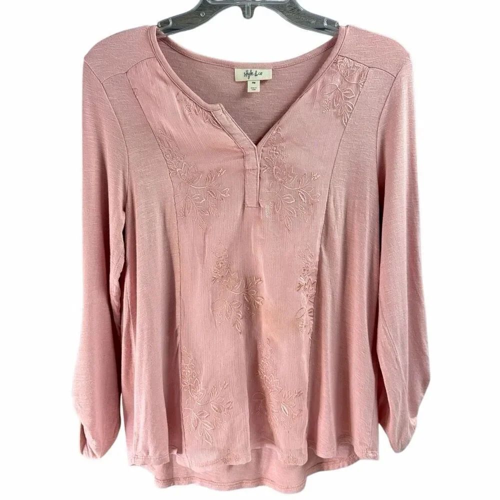 Style & Co Petite Medium Blush Embroidered Boho Peasant Top Soft Romantic